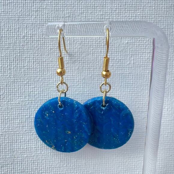 Artisan Blue with Gold Glitter Round Dangle Earrings 1.75" Length - Picture 1 of 2